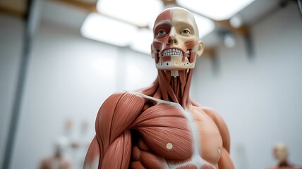 Detailed human anatomy model displaying muscular and skeletal systems in an educational medical setting