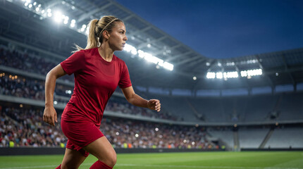 A determined female soccer player running across the field during a game