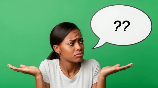 Confused woman with question marks in speech bubble, shrugging shoulders, green background