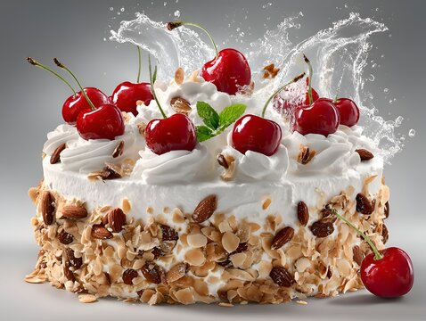 A delicious cherry cake topped with whipped cream and nuts is displayed with a water splash creating a dynamic dessert presentation.