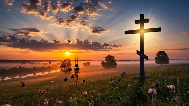 A serene sunset with a cross silhouetted against the vibrant sky.