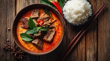 Delicious and Flavorful Spicy Beef Stew in Bowl with Fresh Herbs and Steamed Rice on Wooden Table