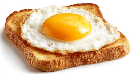 A closeup of a fresh fried egg on a white plate with crispy bacon and toasted bread for a healthy breakfast meal featuring a sunny side up yolk
