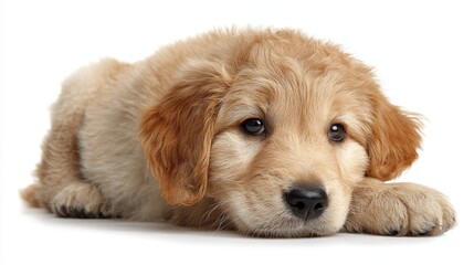 Adorable young golden retriever puppy and purebred adult dog sitting on a white background as a happy domestic pet portrait