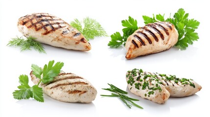 Gourmet set of fresh seafood and salmon fillet served as a healthy grilled fish dinner with vegetables and salad on a white plate