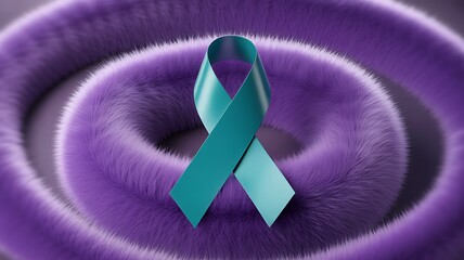 Teal awareness ribbon on fluffy purple texture for ovarian cancer support