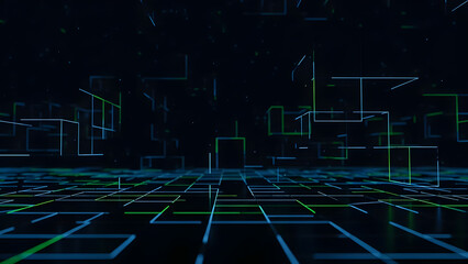 Digital grid background with glowing blue and green geometric lines, depicting a futuristic network of data and technology.