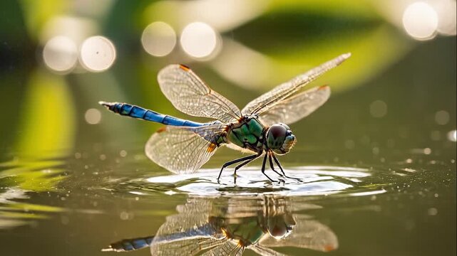 Dragonfly Laying Eggs on Water Surface Golden Hour Reflection Bokeh