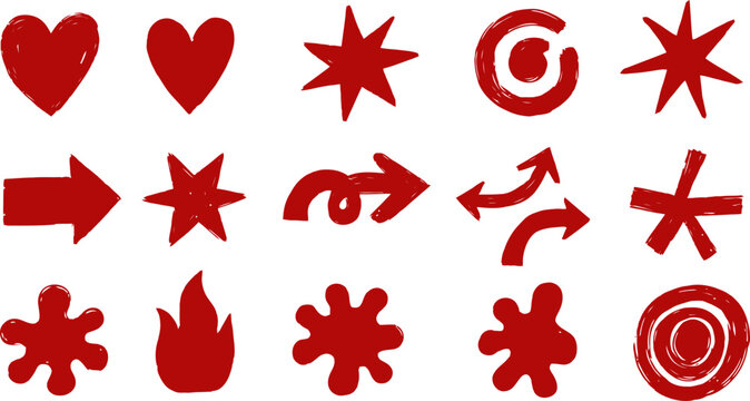 Collection Of Abstract Naive Art Icons And Symbols Hand Painted Doodle Shapes Rough Crayon Texture