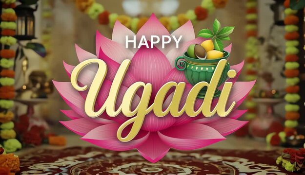 Happy Uganda greeting with a large pink and purple lotus flower and decorative patterns festival celebration 4K video