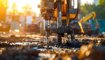 Close-up of a drilling machine boring into the ground at a construction site, bathed in golden sunlight