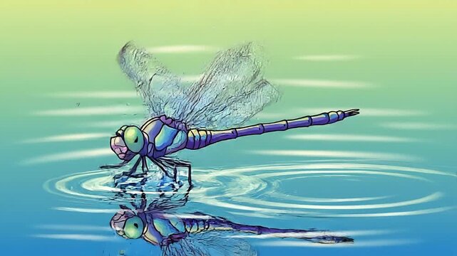Stylized Dragonfly Landing on Water Surface with Ripples