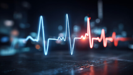 Glowing blue and red heartbeat waveform shining across a dark futuristic background, showing dynamic pulse peaks and digital medical signals in a high-tech environment