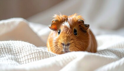Fluffy orange guinea pig resting on soft white fabric