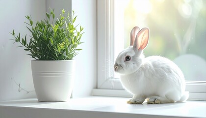 Fluffy white rabbit with pink ears sits indoors near a window with a green potted plant, bathed in soft daylight.