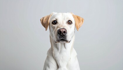 Friendly white dog with brown ears looking directly at camera, studio shot