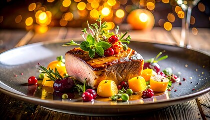Close-up of a perfectly cooked steak garnished with fresh herbs and berries, artfully arranged on a plate