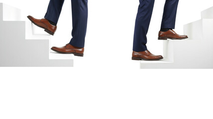 Man stepping onto white platform isolated on white background, symbolizing advancement, motivation, career growth, and success journey.