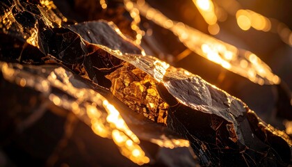 Close-up of dark, layered rock formation, with golden, glittering inclusions, illuminated by warm sunlight, creating a dramatic effect