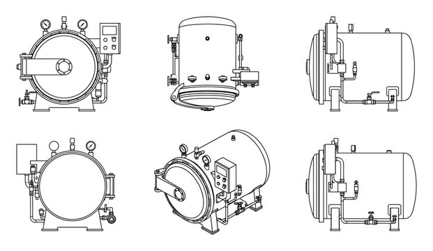 Industrial Autoclave Technical Drawing: Different Perspectives Depicted