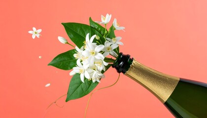 A whimsical and surreal vision delicate white flowers, like jasmine, magically burst from a sparkling wine bottle, creating an enchanting visual metaphor for joy and fresh starts on a vibrant backdrop
