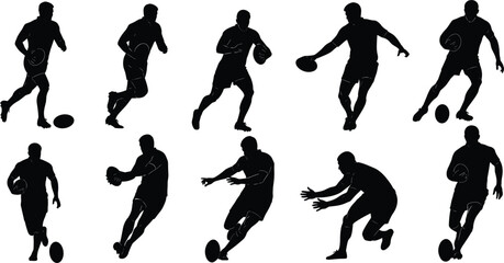 Black silhouettes of professional rugby players in action, running, kicking ball, passing, tackling during match, isolated on white background, sports set
