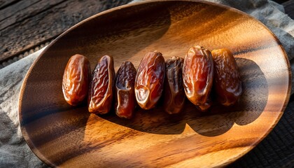 Fresh dates fruit arranged on wooden plate with natural texture and soft warm lighting, healthy food concept suitable for Ramadan, nutrition, lifestyle, and culinary design use.