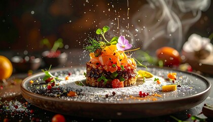 Close-up of gourmet dish on plate, sprinkles garnish in air. Steamy background & side veggies/fruits