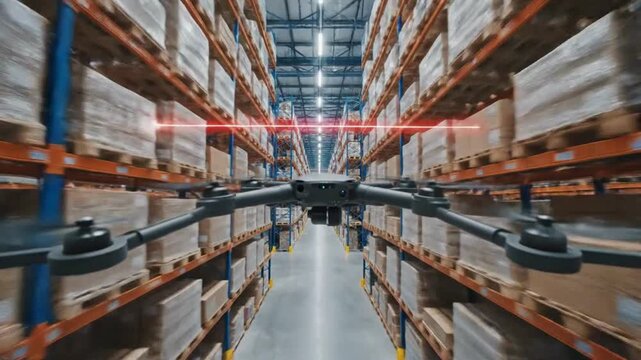 Drone flying through warehouse aisle scanning shelves with barcodes logistics and supply chain automation technology footage