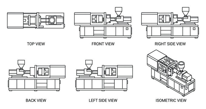 Detailed Views of an Injection Molding Machine Technical Blueprint.