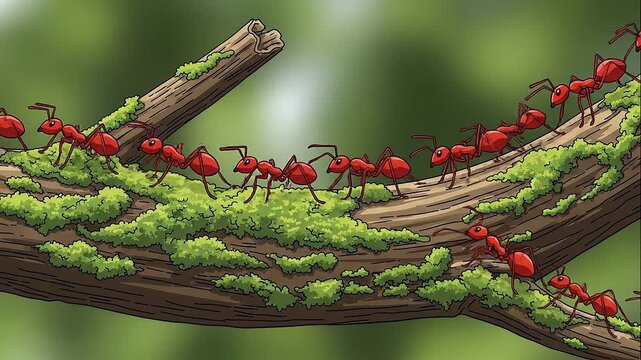 Fire Ants Marching on a Moss Covered Branch Wildlife Illustration