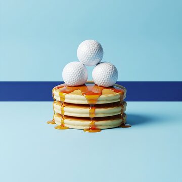  a stack of three fluffy pancakes drizzled with maple syrup, topped with three white dimpled golf balls instead of butter. Minimalist sky-blue background with a thin navy horizontal stripe across the 