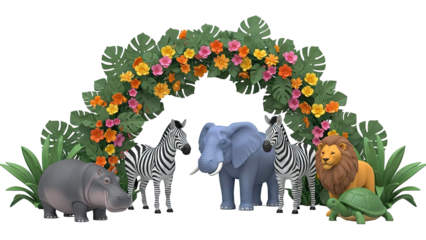 Cartoon Safari Animals Under Floral Archway