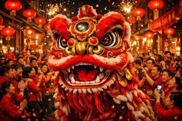 Fototapeta premium Vibrant Chinese Lion Dance performance at night during Lunar New Year celebrations in a crowded street illuminated by red lanterns and fireworks.