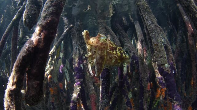 A Broadclub cuttlefish, Ascarosepion latimanus, hovers on the edge of a blue water mangrove forest in Raja Ampat, Indonesia. These cephalopods are rarely seen due to their effective camouflage.