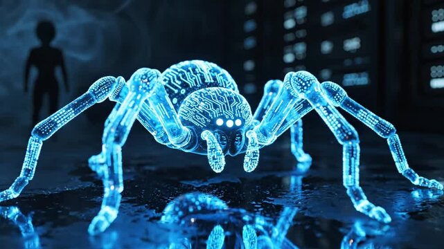 Intricate glowing blue spider, a symbol of complex artificial intelligence and advanced cybersecurity threats, materializing within a blurred futuristic digital environment