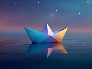 Obraz premium A vibrant, low-poly paper boat floats calmly on a serene water surface, reflecting the beautiful twilight colors and starry sky above.
