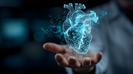 Glowing Digital Polygonal Heart Model Hovering Over Professional Doctors Open Hand