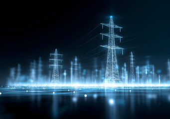 A futuristic representation of electrical power lines at night, with glowing effects creating a vibrant atmosphere around the grid infrastructure.