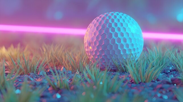 Stylized Golf Ball Resting In Grass Lit By Vibrant Purple Neon Light 