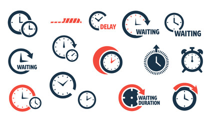 A set of various clock and timer icons illustrating concepts of waiting, delay, time management, and scheduling in a modern graphic design.
