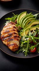 A delicious and healthy plate featuring grilled chicken breast served alongside fresh avocado slices and mixed arugula salad, perfect for a nutritious meal.