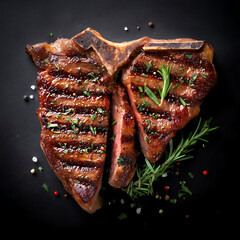 A beautifully grilled T-bone steak garnished with fresh herbs and spices. Perfect for food lovers looking to enhance culinary presentations.