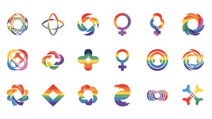 A collection of diverse abstract symbols and geometric shapes, all rendered in vibrant rainbow colors representing LGBTQ+ pride and diversity.