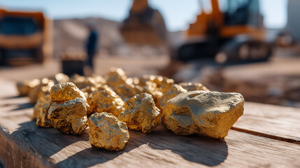 Close-up of gleaming gold nuggets on wooden surface, with mining machinery in the background, showcasing the allure and value of gold extraction.