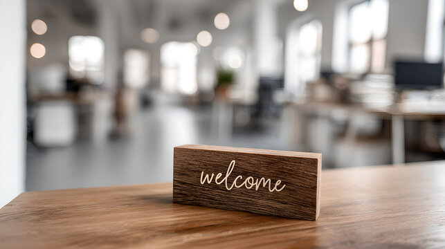 Small Wooden Welcome Letters Standing On Office Desk With Blurred Room Background 