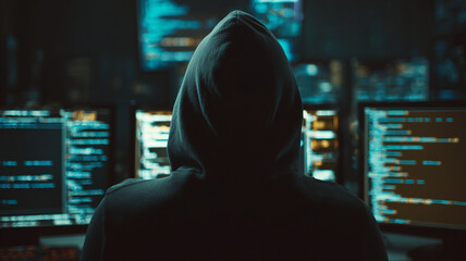 Hacker in a dark room with a hooded figure in front of a computer and glowing code on several screens.