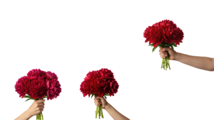 Hand holding red flower bouquet isolated on white background, symbolizing love, romance, gift giving, celebration, and special moments.