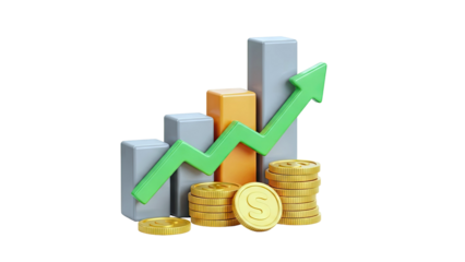 3D Bar Graph with Growing Arrow and Coins