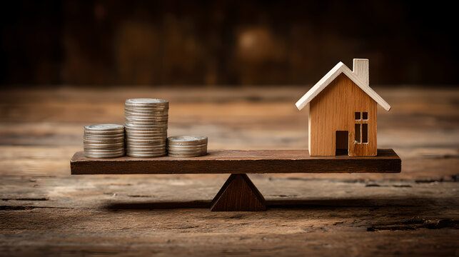 Wooden House Model Balancing Against Stacks Of Silver Coins On Seesaw Scale 